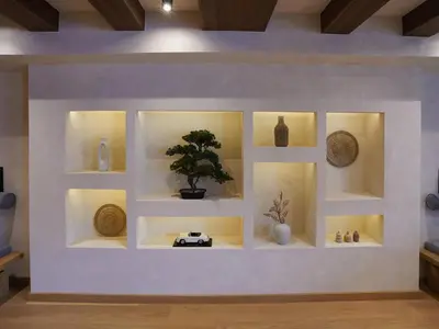a wall with shelves with vases and a tree on it at Zyra boutique hotel in Leskovac