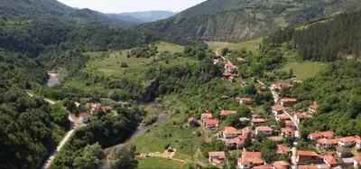 an aerial view of a village in the mountains at Vila Stara in Pakleštica