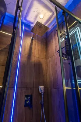 a room with a shower with a blue light at Ryo Golden Imperial 1 in Kruševac