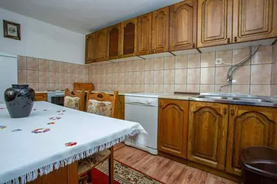 a kitchen with wooden cabinets and a white dishwasher at Apartman Jelena in Soko Banja