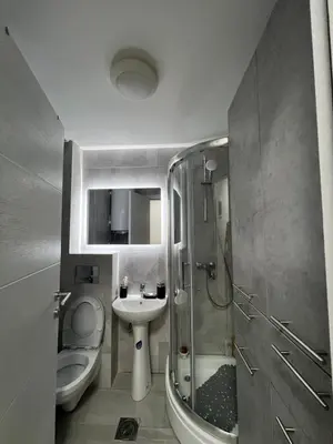 a bathroom with a shower and a sink and a toilet at Apartman Centar LUX in Vrnjačka Banja