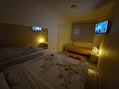 a bedroom with two beds and two televisions at Apartmani Pejovic in Niš
