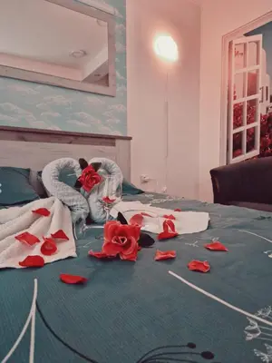 a bed with red roses and towels on it at Apartmani Pejovic in Niš