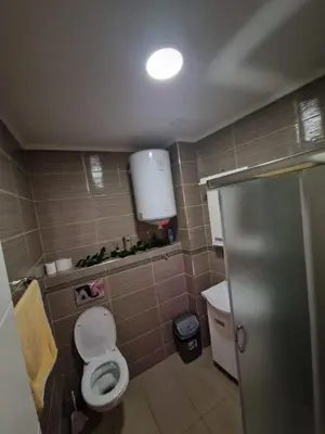 a small bathroom with a toilet and a sink at Apartmani Pejovic in Niš