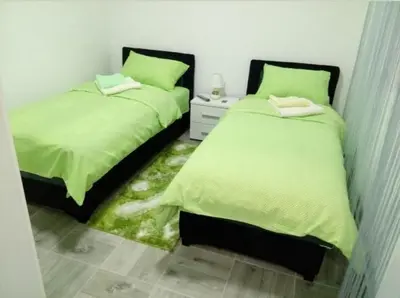 two beds sitting next to each other in a bedroom at Apartman Smilic Lukovska banja in Lukovo