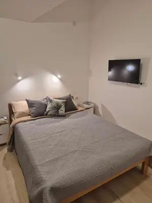 a bedroom with a bed with a tv on the wall at Oaza studio 2 in Soko Banja
