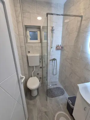 a bathroom with a shower with a toilet and a sink at Oaza studio 2 in Soko Banja