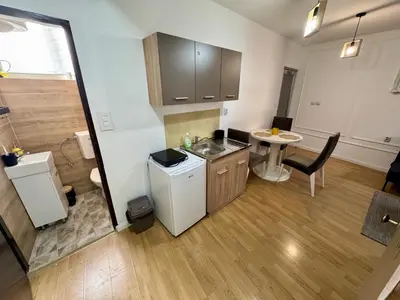 a kitchen with a sink and a table in a room at Riseup apartman in Niš