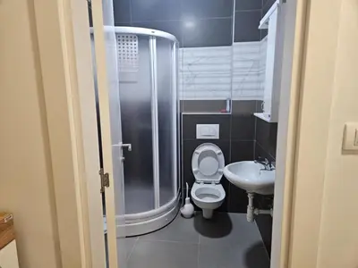 a bathroom with a shower and a toilet and a sink at Apartman Marija II in Vrnjačka Banja