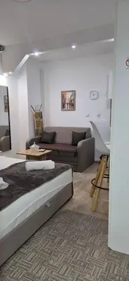 a living room with a bed and a couch at Studio Trajkovic in Vranje