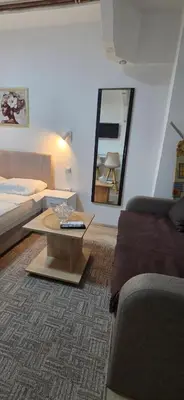 a room with a bed and a table and a mirror at Studio Trajkovic in Vranje