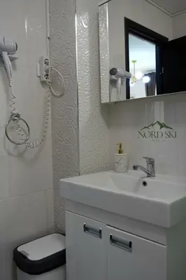 a bathroom with a sink and a toilet and a mirror at Nord Ski - SPA apartman Kraljevi Čardaci in Kopaonik