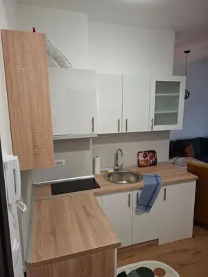 a small kitchen with white cabinets and a sink at Apartman Jelena AS in Vrnjačka Banja