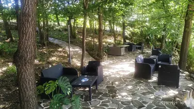 a group of chairs and tables in a forest at Apartman Orhideja in Vrnjačka Banja