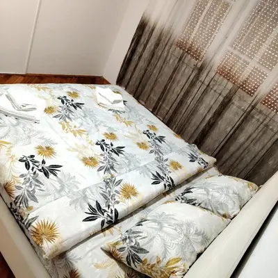 a bed with two pillows on it next to a shower at Apartman Zdravković in Leskovac