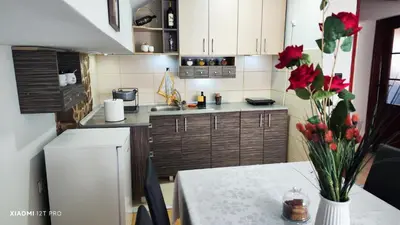 a kitchen with a table with a vase of flowers at JetNest in Niš
