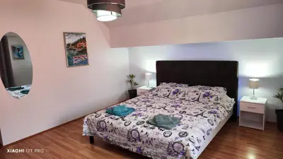 a bedroom with a bed and a mirror at JetNest in Niš