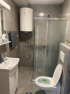 a bathroom with a shower and a toilet and a sink at Day and night in Prokuplje
