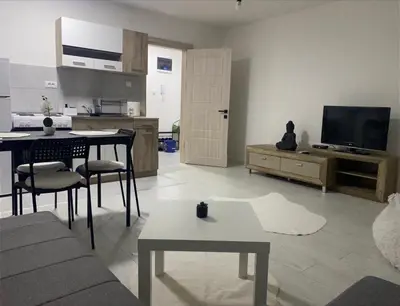 a living room with a couch and a table and a television at Day and night in Prokuplje