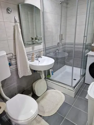 a bathroom with a shower and a toilet and a sink at Apartman Iris in Pirot