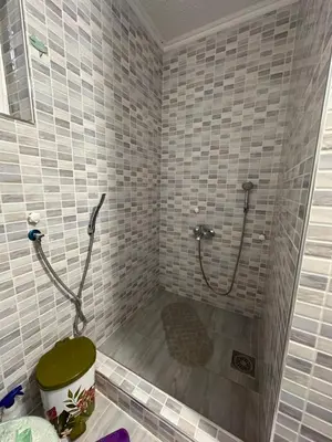 a bathroom with a shower with a toilet in it at Smeštaj Versace House