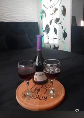 a tray with two glasses and a bottle of wine at Apartman President Kop in Kopaonik