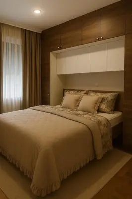 a bedroom with a large bed with wooden cabinets at Luxury Stay in Vrnjačka Banja D3 in Vrnjačka Banja