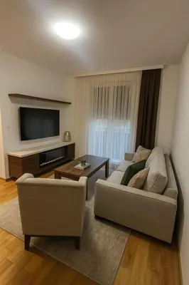 a living room with a couch and a tv at Luxury Stay in Vrnjačka Banja D3 in Vrnjačka Banja