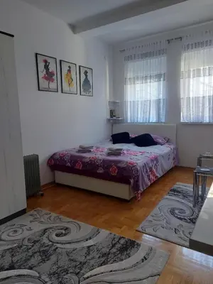 a bedroom with a bed and a rug at Studio apartman BB4 in Vrnjačka Banja