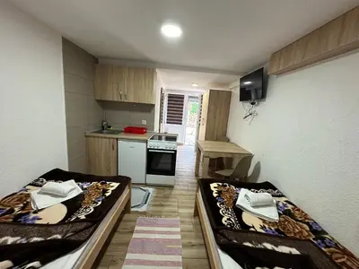 two beds in a small room with a kitchen at Studio x2 in Jošanička Banja