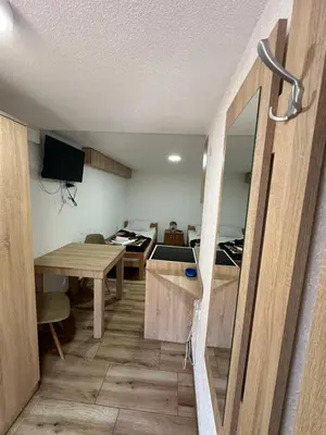 a room with a kitchen with a table and a dining room at Studio x2 in Jošanička Banja