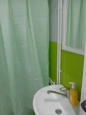 a bathroom with a sink and a shower with a mirror at Apartmani Stevanovic in Despotovac