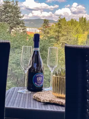 a bottle of wine sitting on a table with two wine glasses at Elegant Escape Lux, Planet Residence i Spa center in Niš