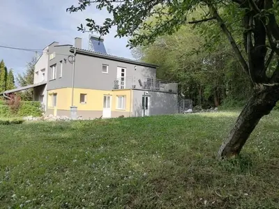 a large house in the middle of a grass field at Apartmani Vila Pola in Soko Banja