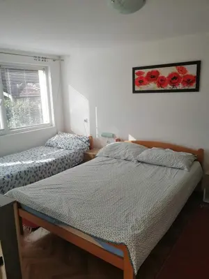a bedroom with two beds and a picture of flowers on the wall at Apartmani Vila Pola in Soko Banja