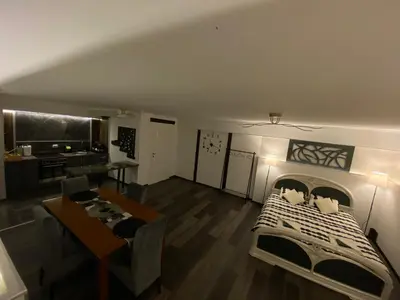 a living room with a bed and a dining room at Diamona Lux Apartman 1 in Donja Toponica