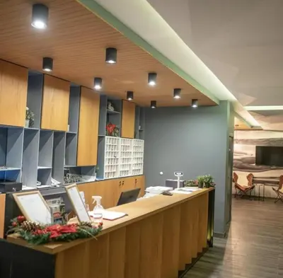 an office with a reception desk with a bed at Apartment Aleksandar AS in Brzeće