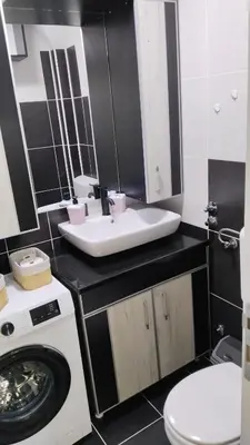 a bathroom with a sink and a washing machine at Lela's home II in Knjazevac.