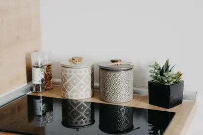 a shelf with jars and plants on it at SKY VIEW Apartment - Ski resort Kopaonik in Cajetina
