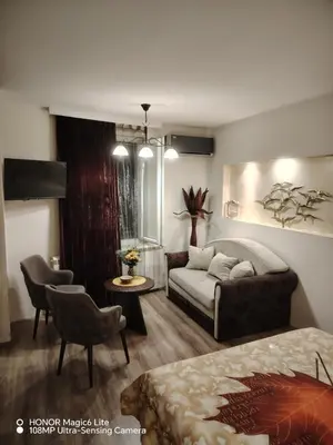 a bedroom with a bed and a couch and a table at Sunce in Ribarska Banja