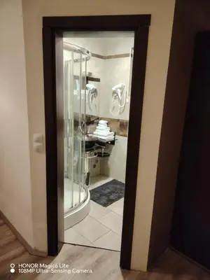 a bathroom with a shower with a glass door at Sunce in Ribarska Banja