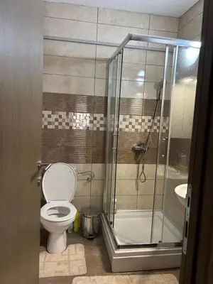a bathroom with a shower with a toilet and a sink at Apartman A2 in Vrnjačka Banja