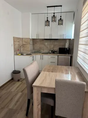 a kitchen with a wooden table and chairs at Apartman A2 in Vrnjačka Banja