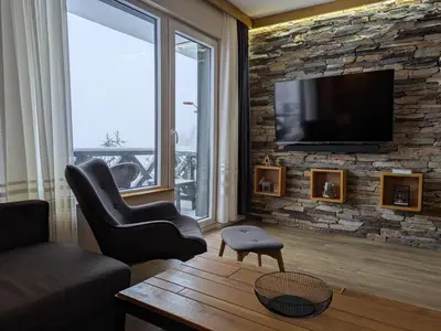 a living room with a stone wall with a tv at Silverpine, Kopaonik in Kopaonik