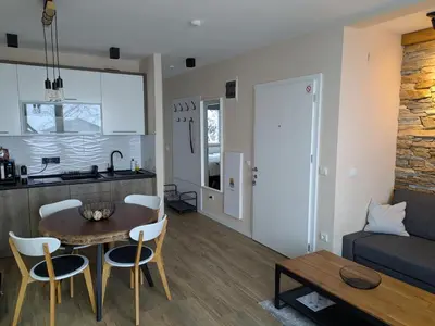 a kitchen and living room with a table and chairs at Silverpine, Kopaonik in Kopaonik