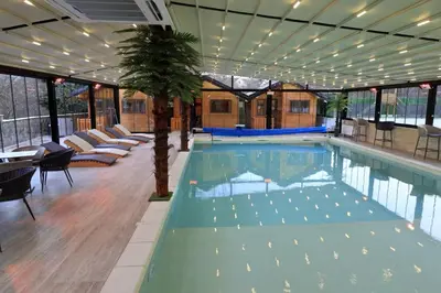 a pool with chairs and a palm tree in a building at Skyline Panorama in Vrnjačka Banja
