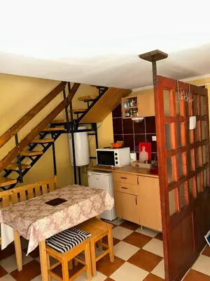 a kitchen with a table and a kitchen with a ladder at Smeštaj Miok in Soko Banja