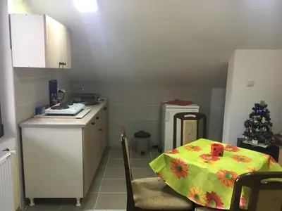 a kitchen with a table and a christmas tree in it at Pansion Velickovic in Niška Banja