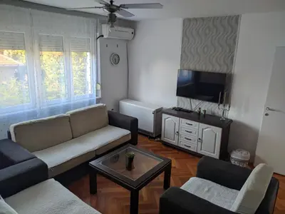 a living room with a couch and a tv at Golden lady in Niš