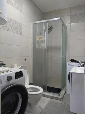 a bathroom with a washing machine and a toilet at Golden lady in Niš